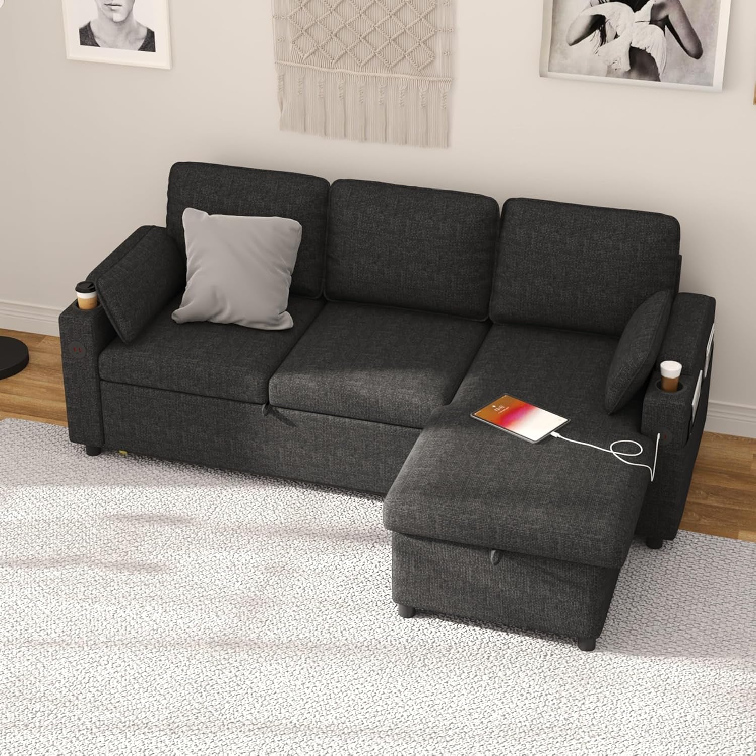 Convertible L-Shaped Sofa Bed with Storage and USB