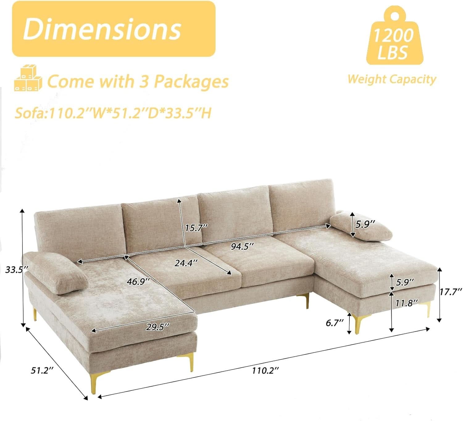 Convertible Sectional Sofa 110 Inch Camel U Shape