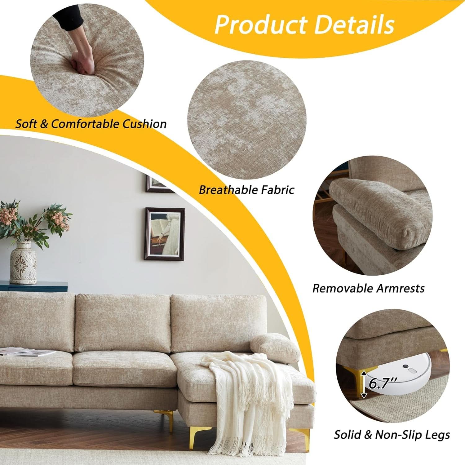 Convertible Sectional Sofa 110 Inch Camel U Shape