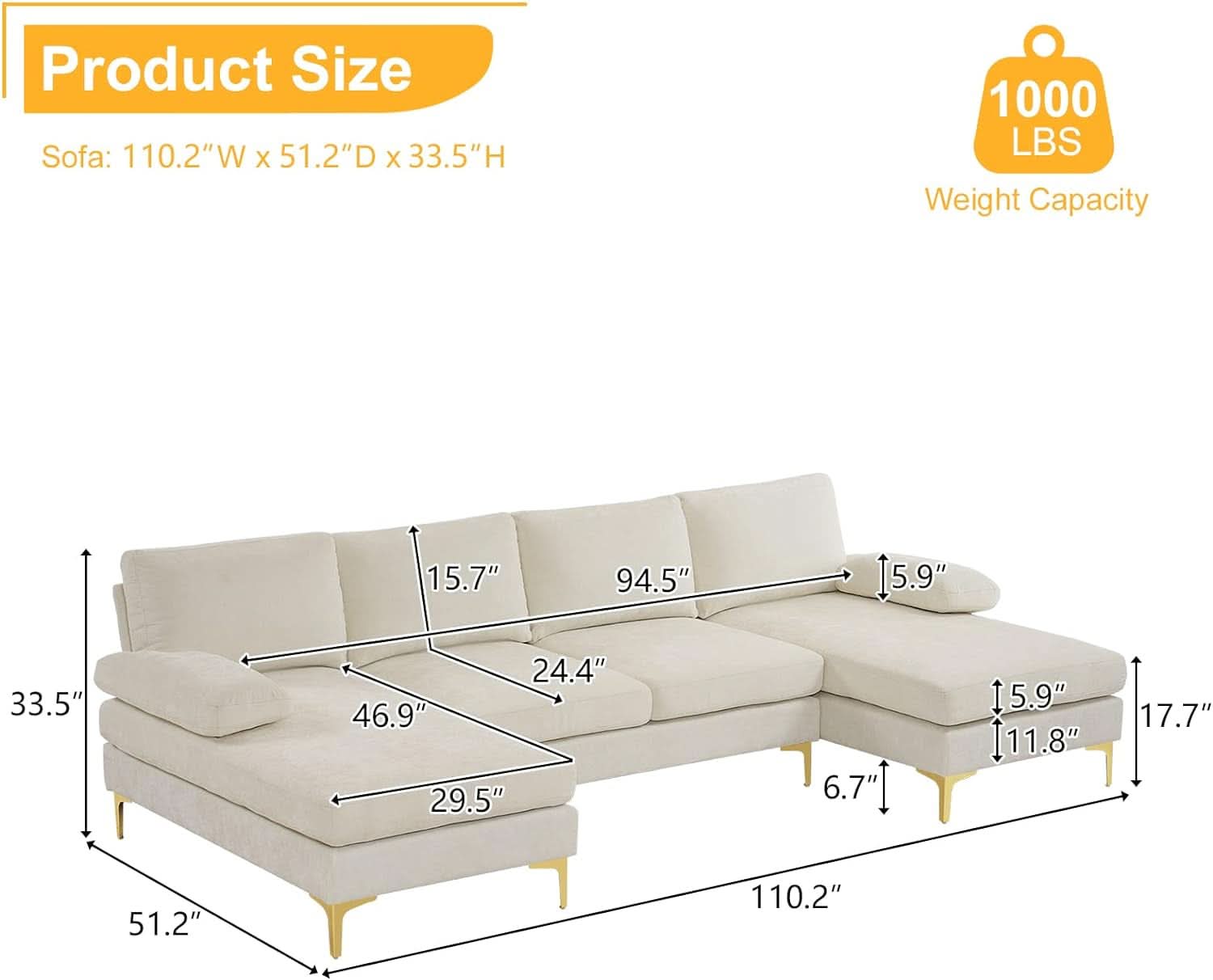 Convertible Sectional Sofa 110 Inch U Shape Creamy White