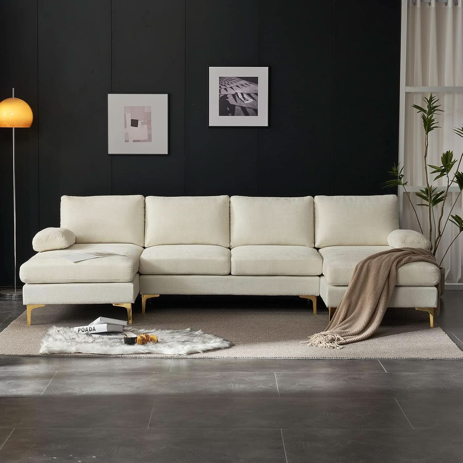 Convertible Sectional Sofa 110 Inch U Shape Creamy White