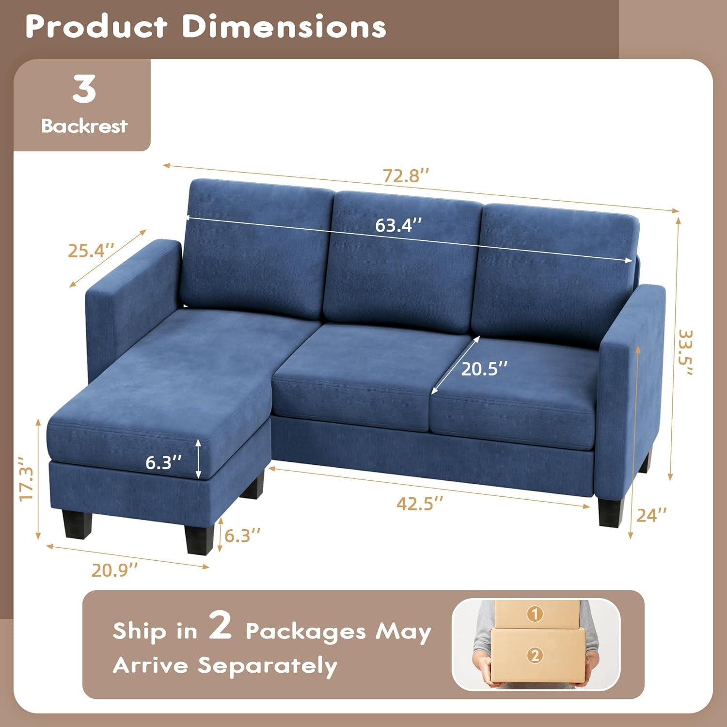 Convertible Sectional Sofa 3 Seat Blue Linen Compact