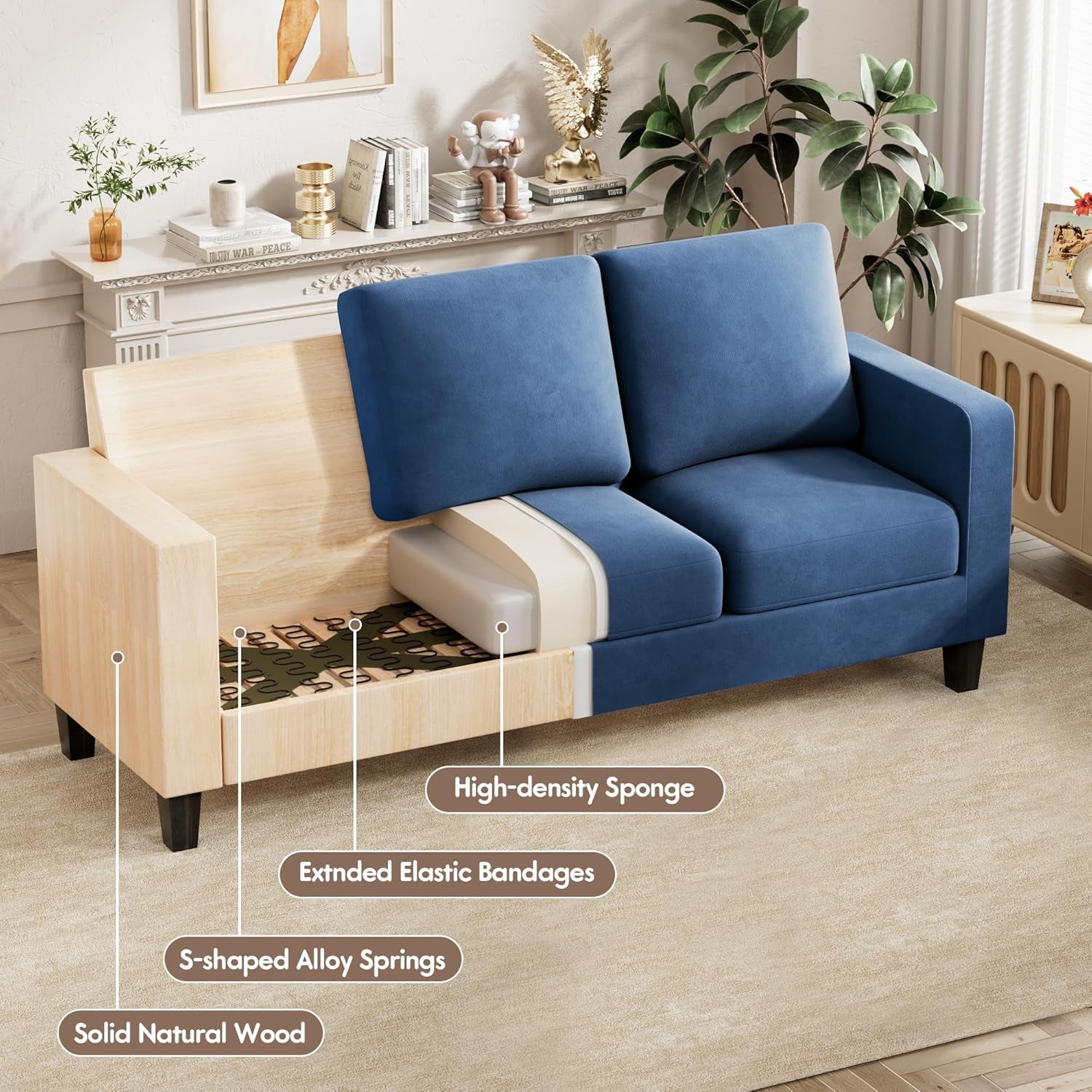 Convertible Sectional Sofa 3 Seat Blue Linen Compact