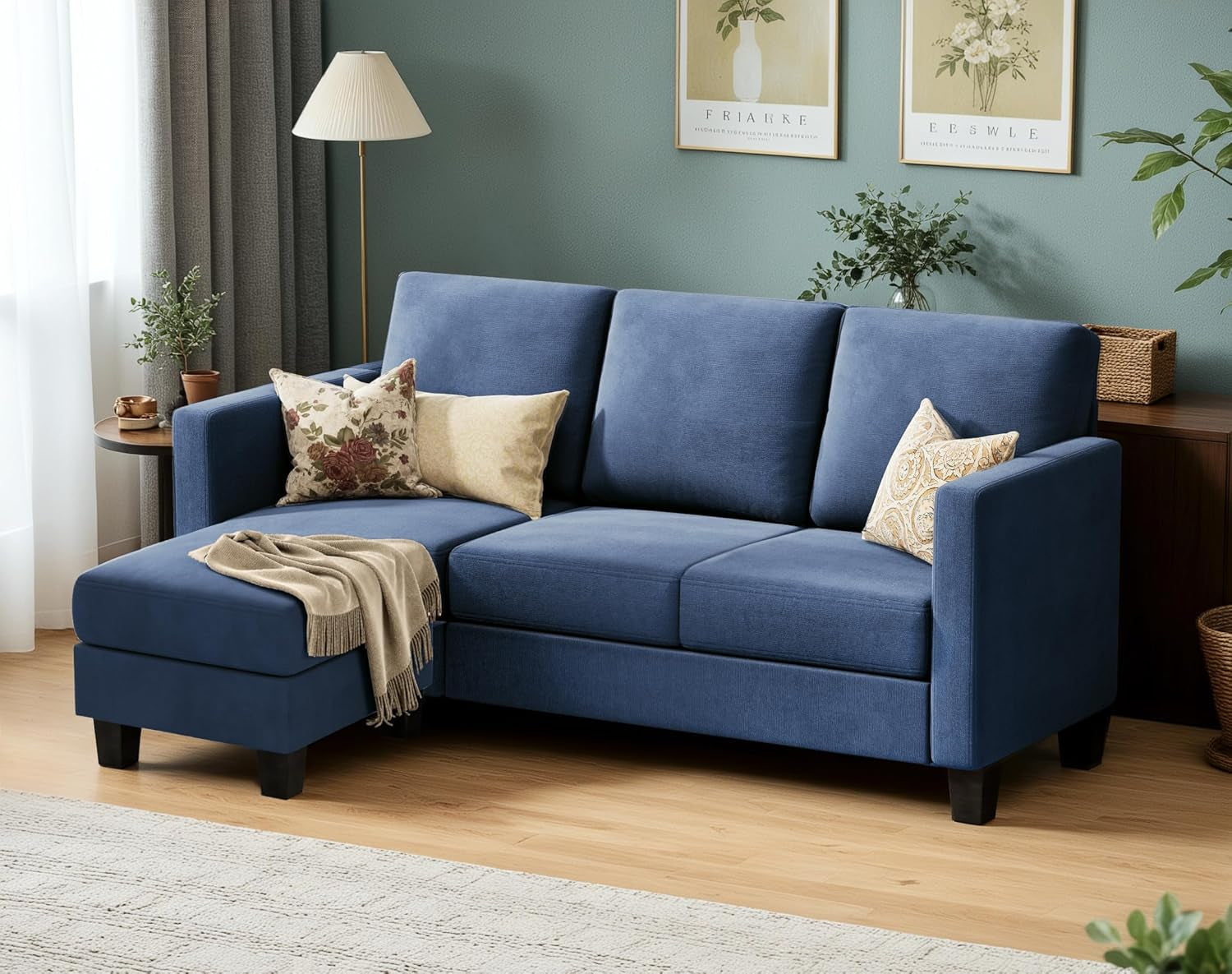 Convertible Sectional Sofa 3 Seat Blue Linen Compact