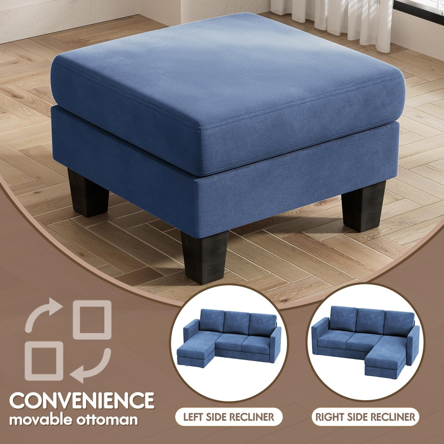Convertible Sectional Sofa 3 Seat Blue Linen Compact