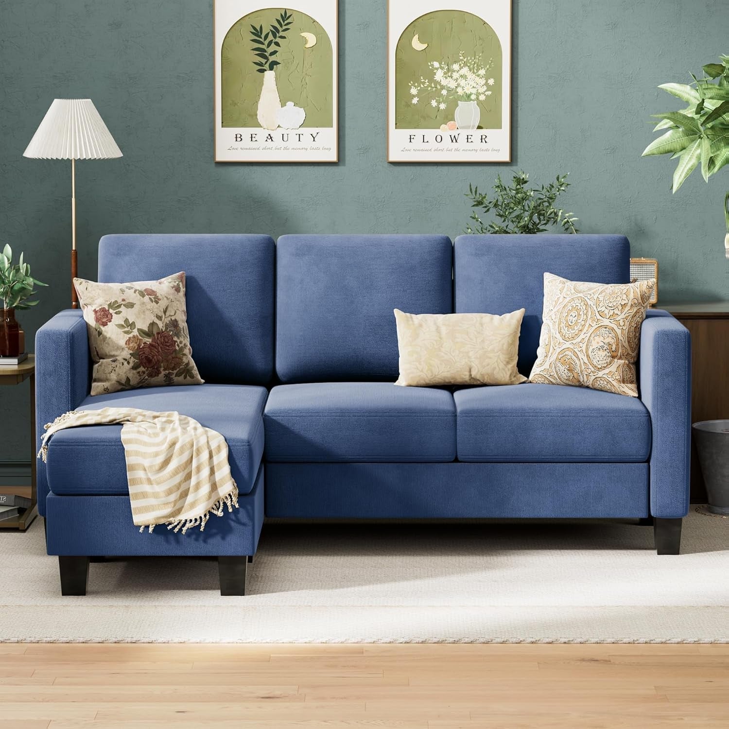 Convertible Sectional Sofa 3 Seat Blue Linen Compact