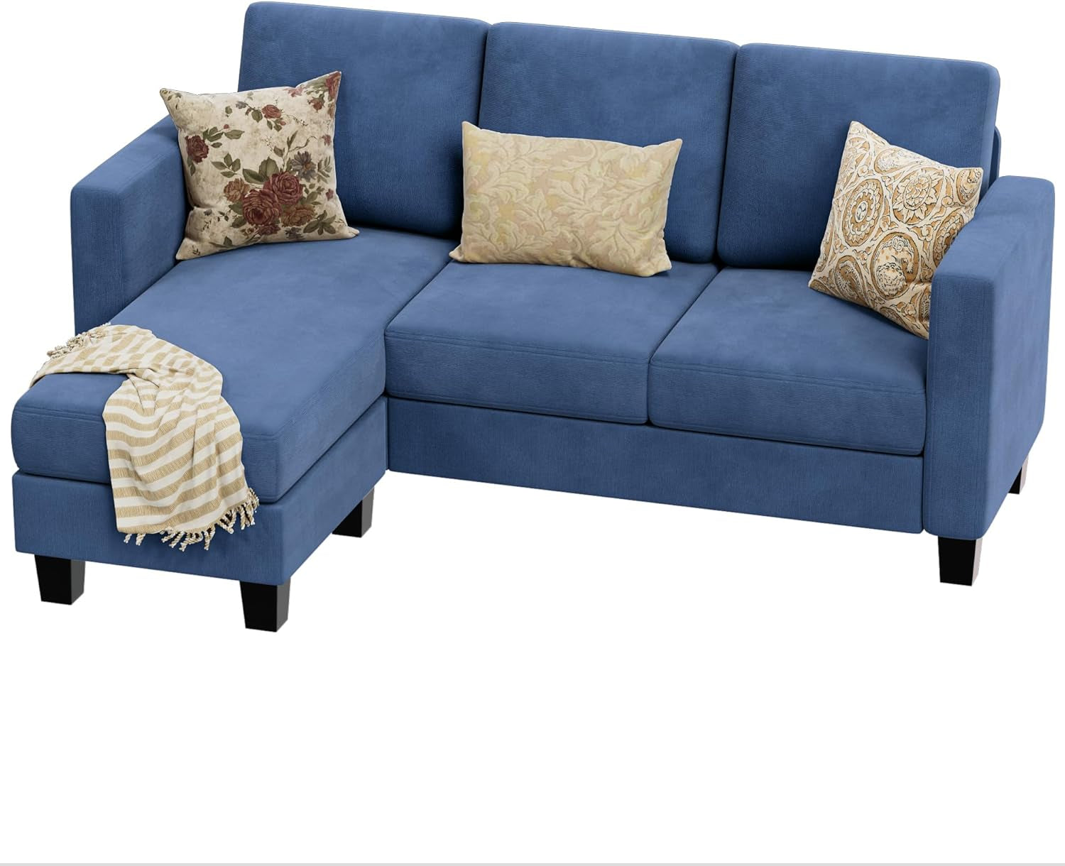 Convertible Sectional Sofa 3 Seat Blue Linen Compact