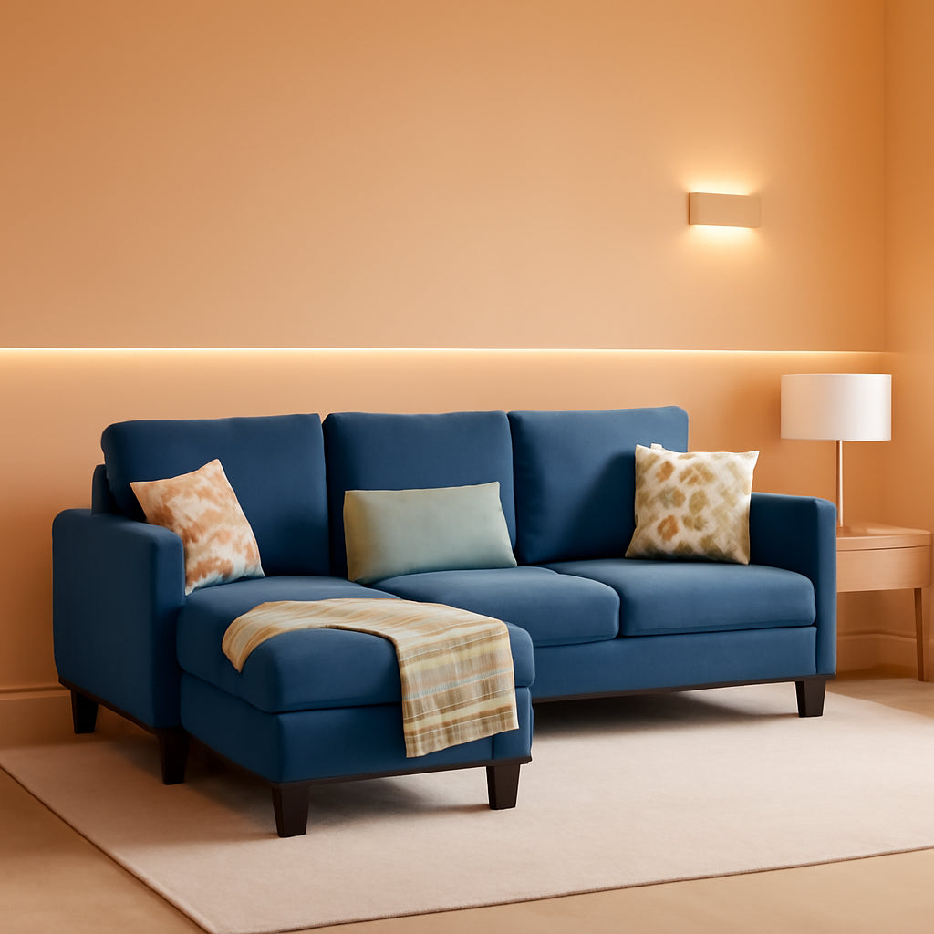 Convertible Sectional Sofa 3 Seat Blue Linen Compact