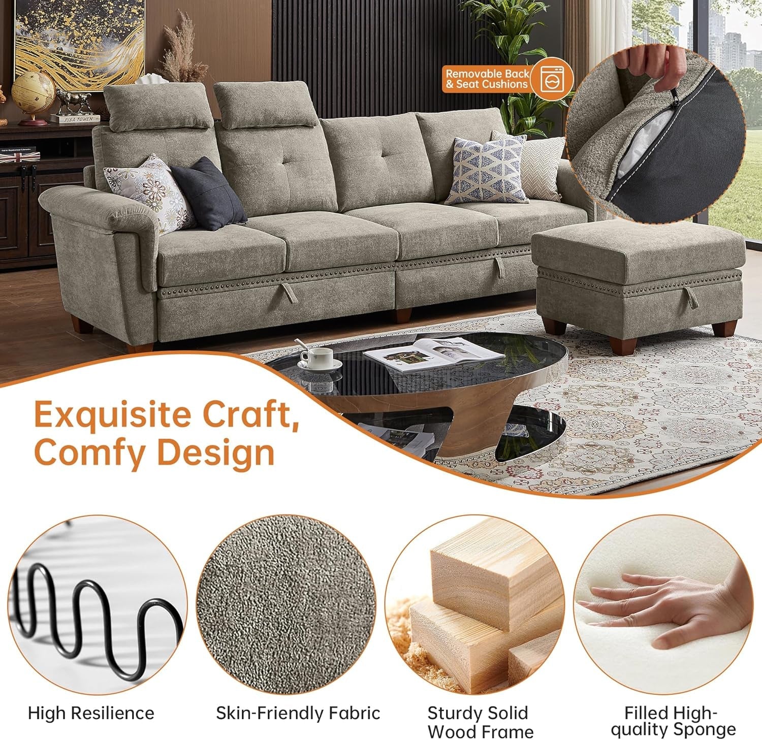 Convertible Sectional Sofa With Storage Beige Microfiber