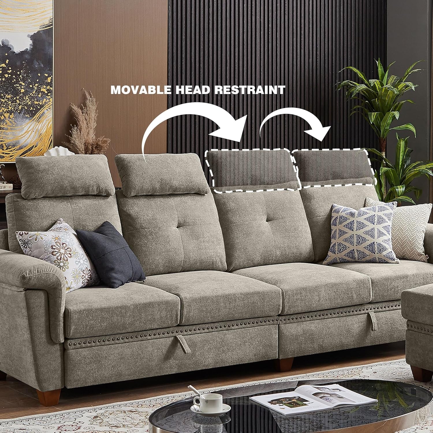 Convertible Sectional Sofa With Storage Beige Microfiber