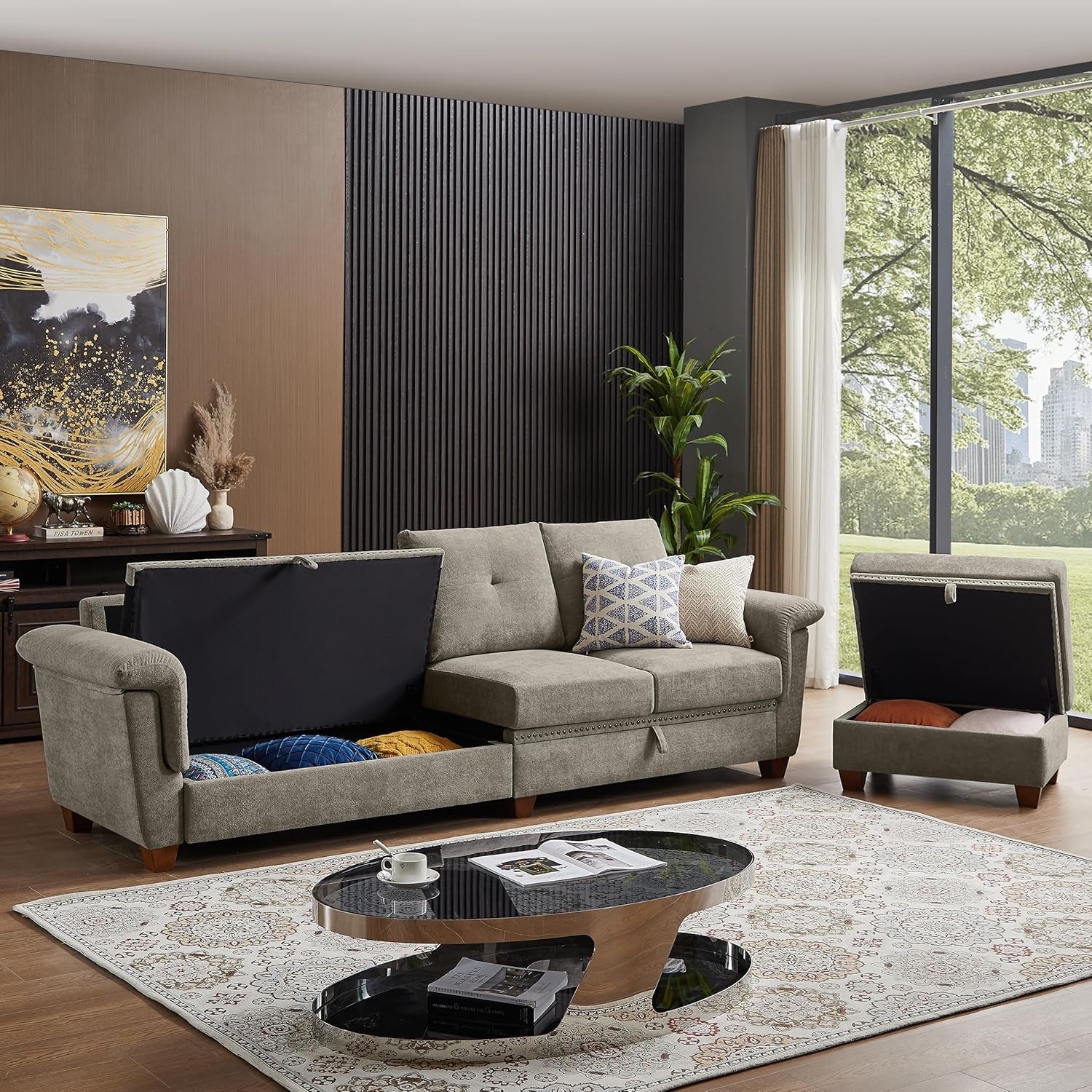 Convertible Sectional Sofa With Storage Beige Microfiber