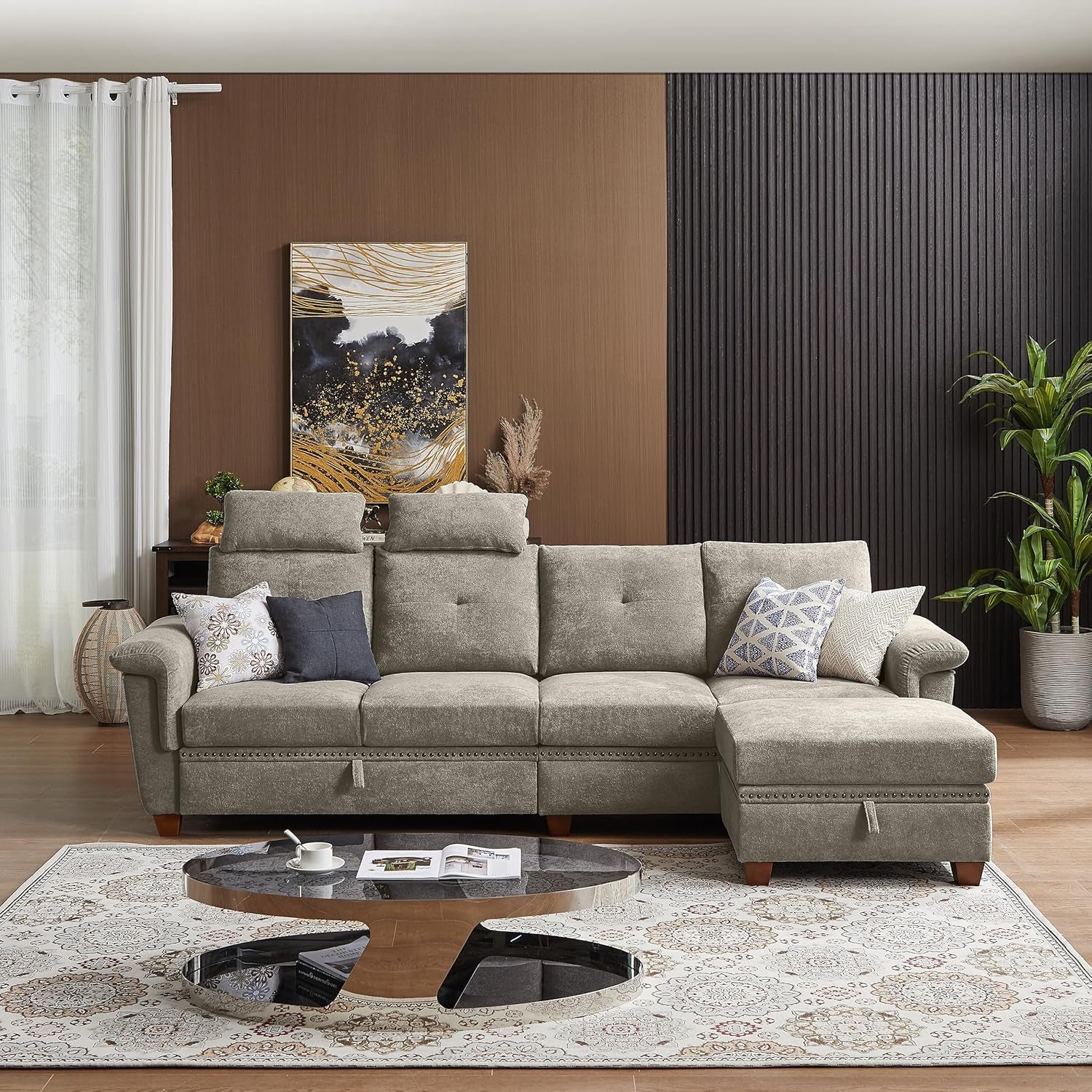 Convertible Sectional Sofa With Storage Beige Microfiber