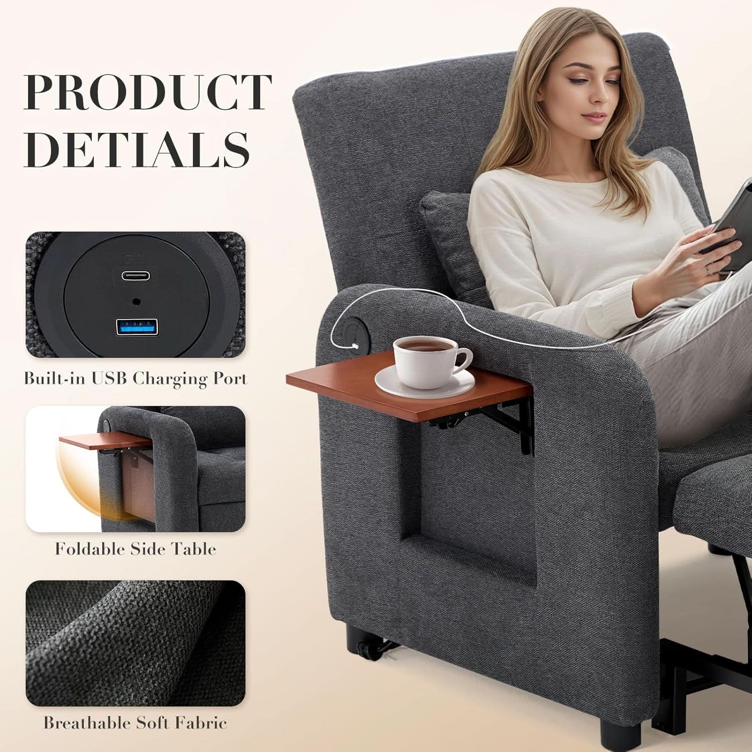 Convertible Sleeper Armchair Charcoal Gray USB Port