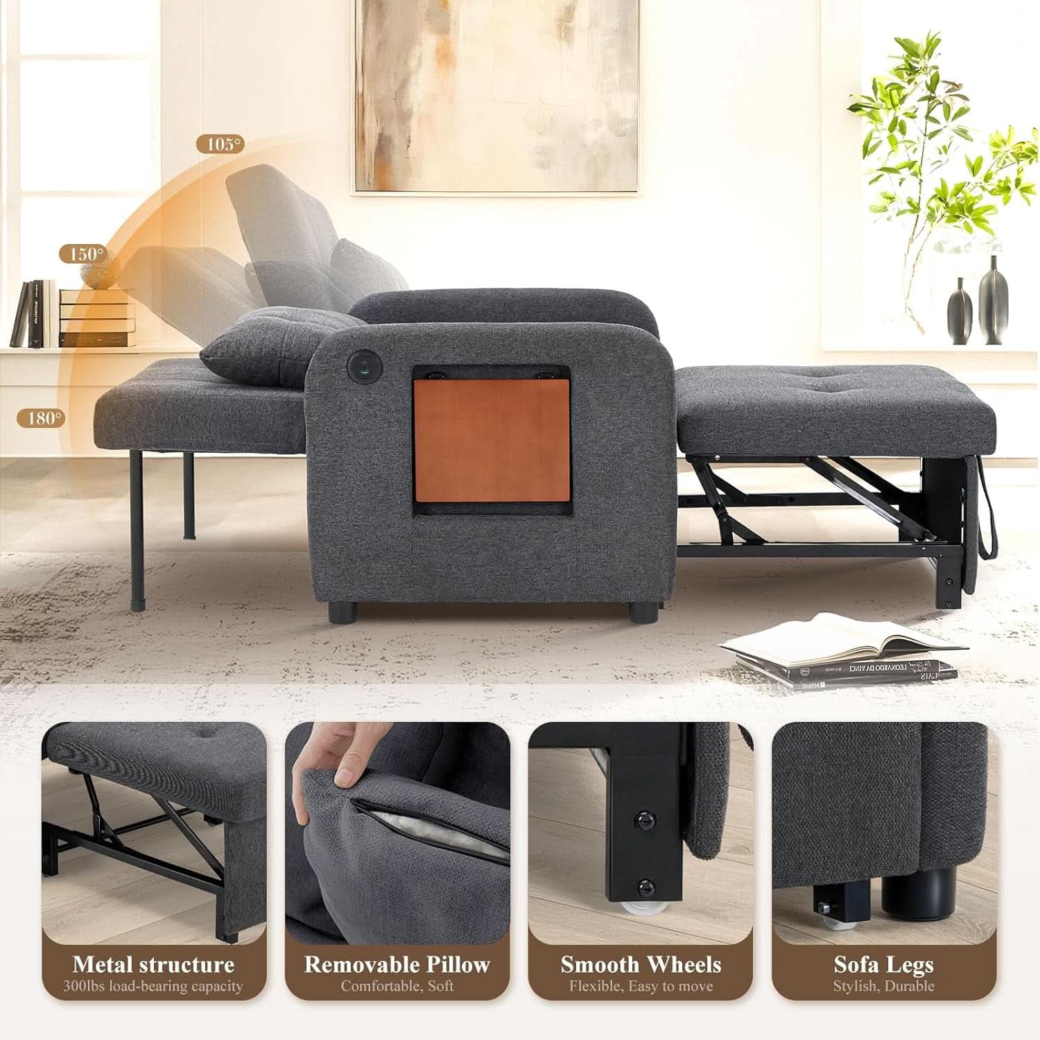 Convertible Sleeper Armchair Charcoal Gray USB Port
