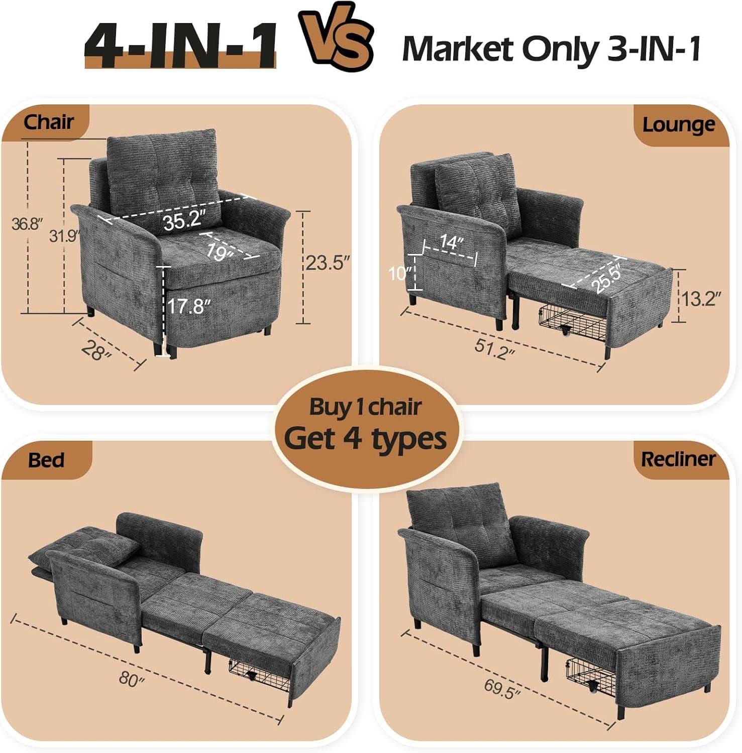 Convertible Sleeper Chair 79-Inch With Adjustable Backrest