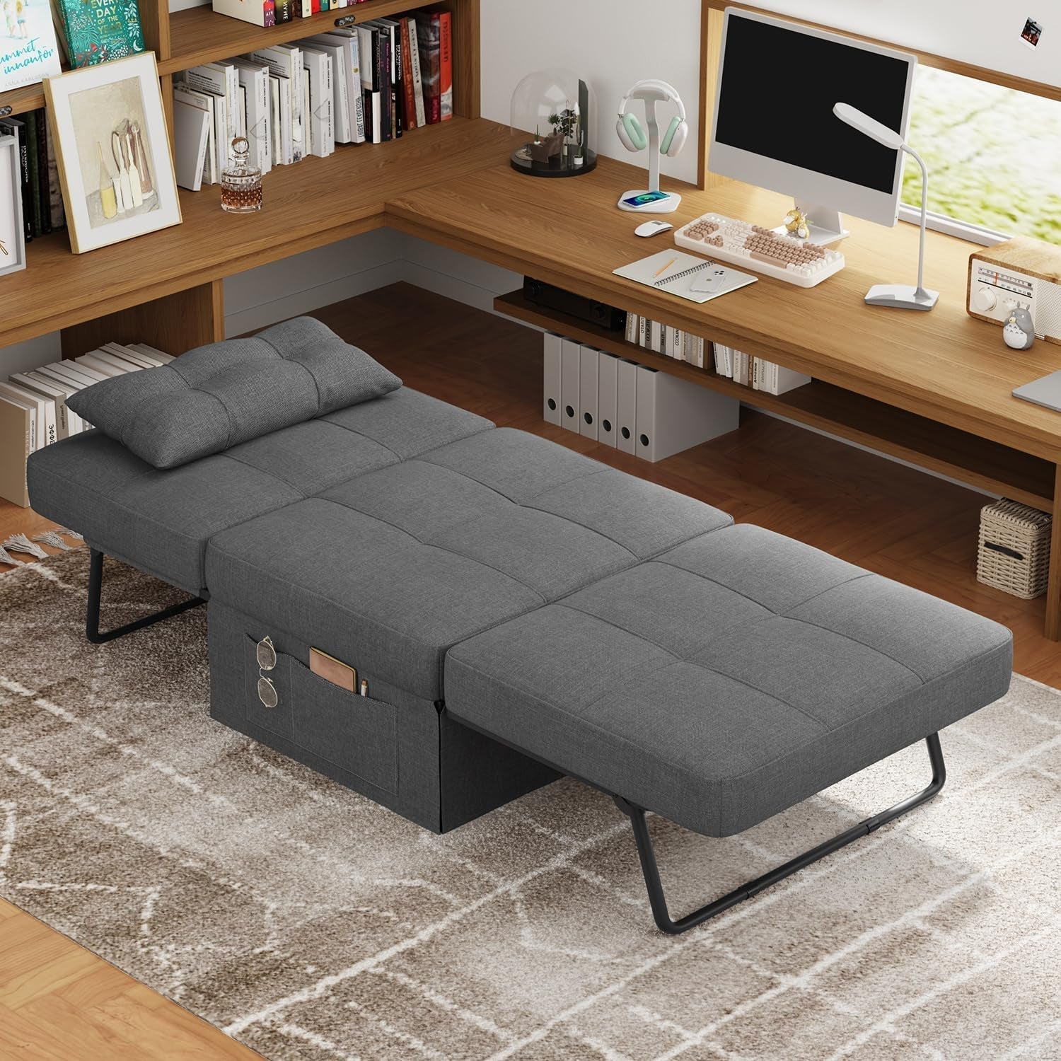 Convertible Sleeper Chair Bed Modern Linen Ottoman Dark Grey