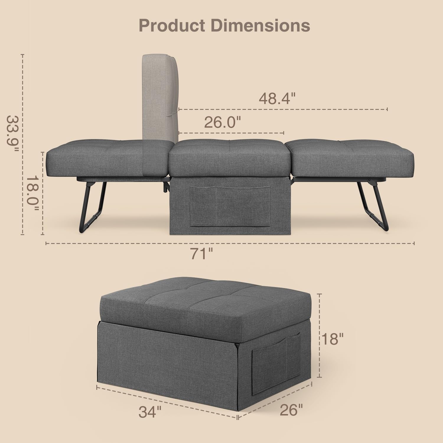 Convertible Sleeper Chair Bed Modern Linen Ottoman Dark Grey