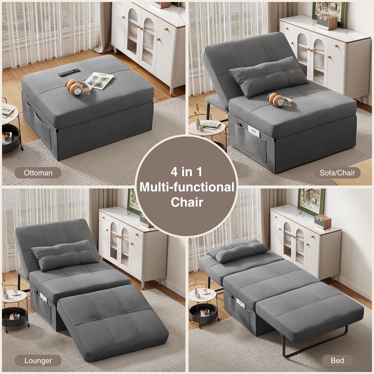 Convertible Sleeper Chair Bed Modern Linen Ottoman Dark Grey