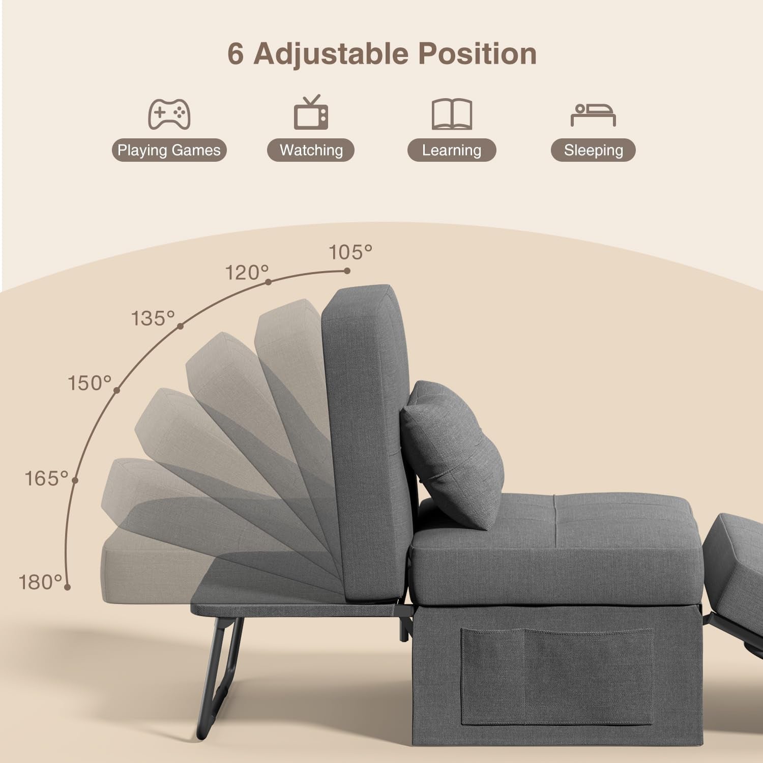 Convertible Sleeper Chair Bed Modern Linen Ottoman Dark Grey