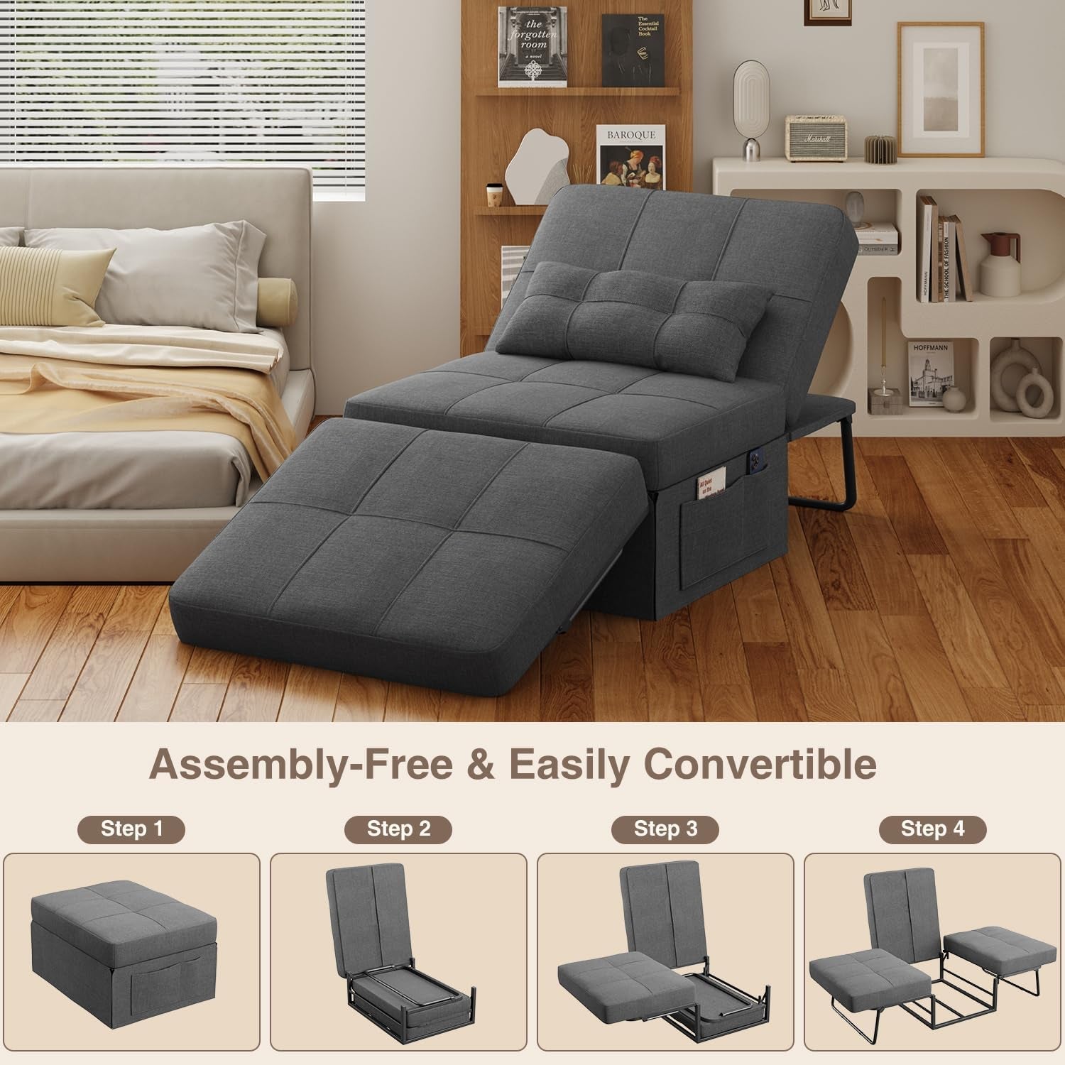 Convertible Sleeper Chair Bed Modern Linen Ottoman Dark Grey