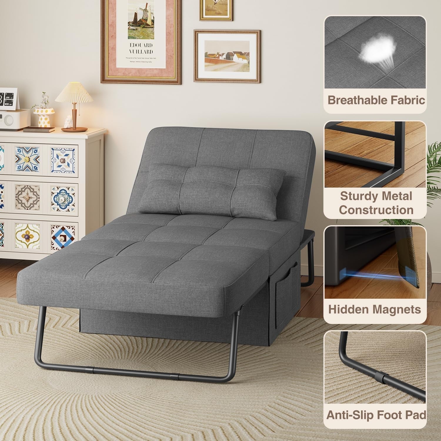 Convertible Sleeper Chair Bed Modern Linen Ottoman Dark Grey