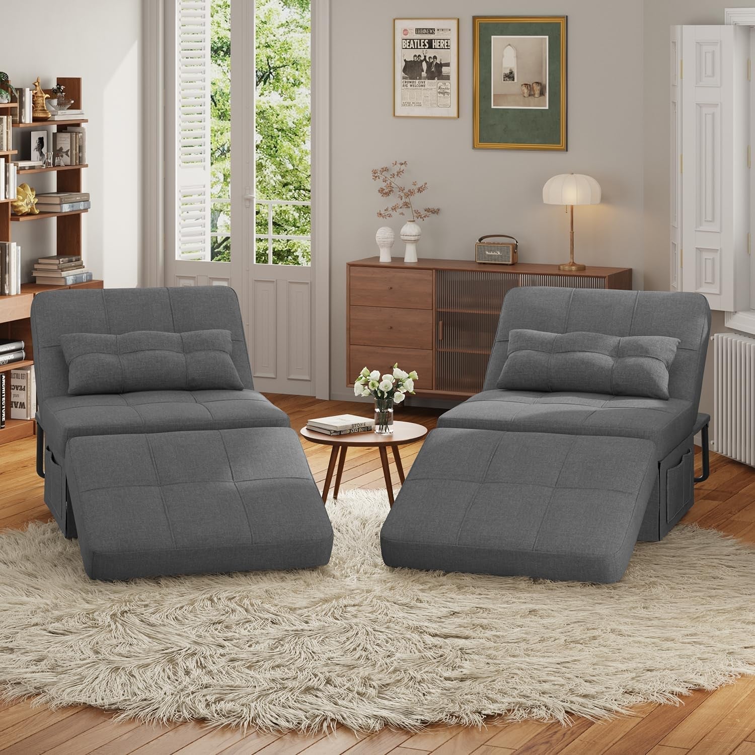 Convertible Sleeper Chair Bed Modern Linen Ottoman Dark Grey