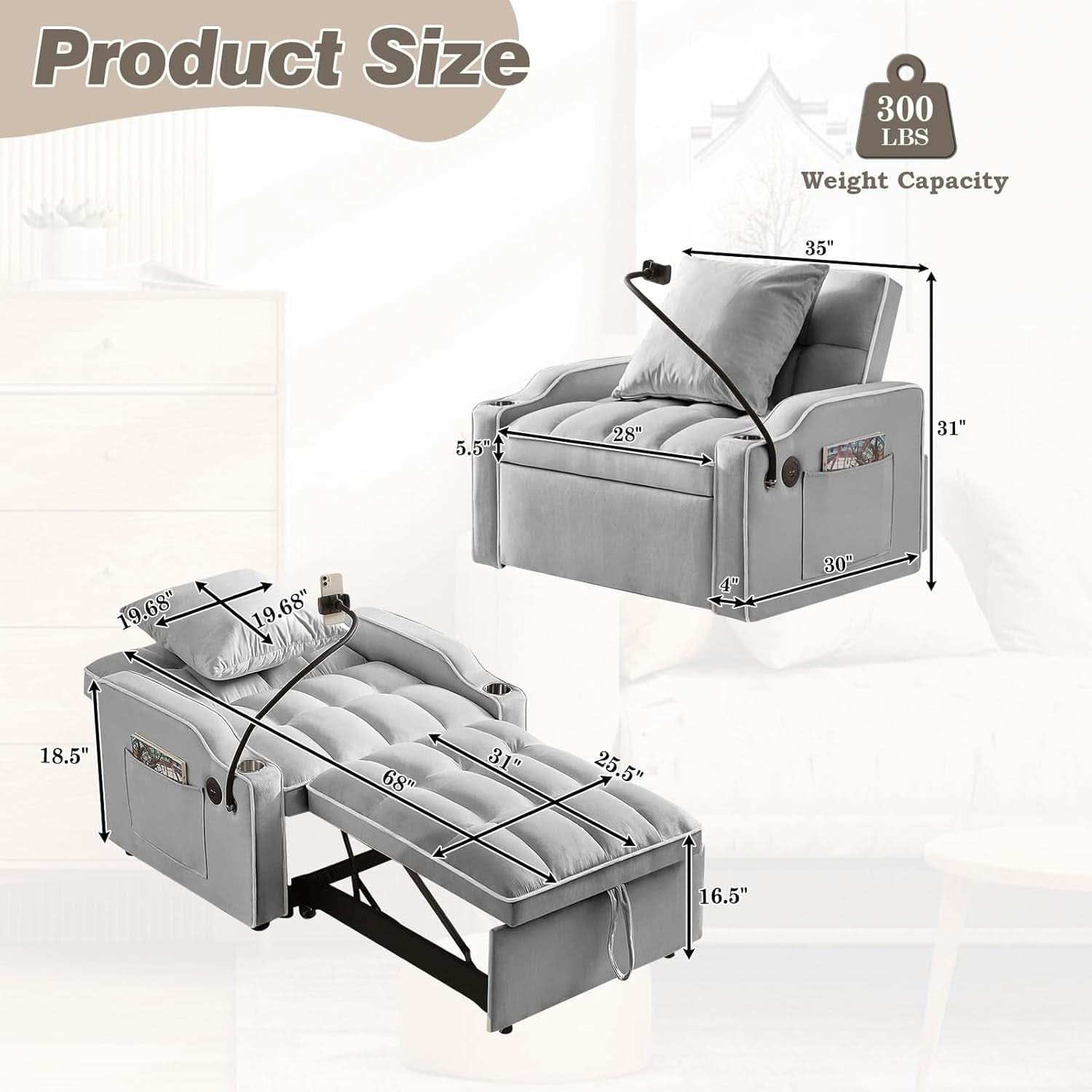 Convertible Sleeper Chair Bed with USB Ports and Holder