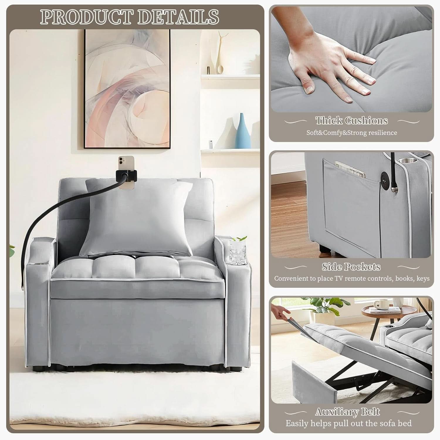 Convertible Sleeper Chair Bed with USB Ports and Holder