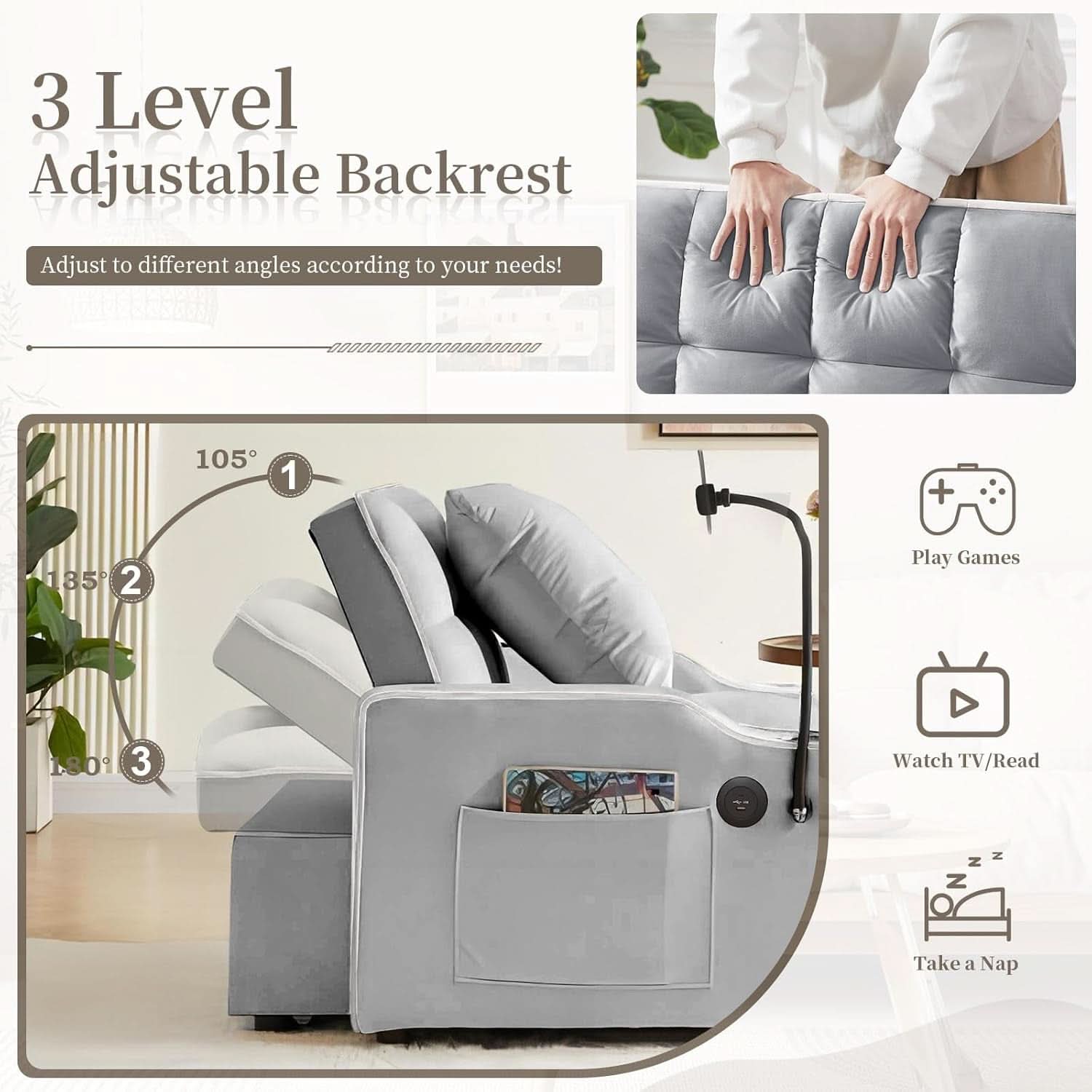 Convertible Sleeper Chair Bed with USB Ports and Holder