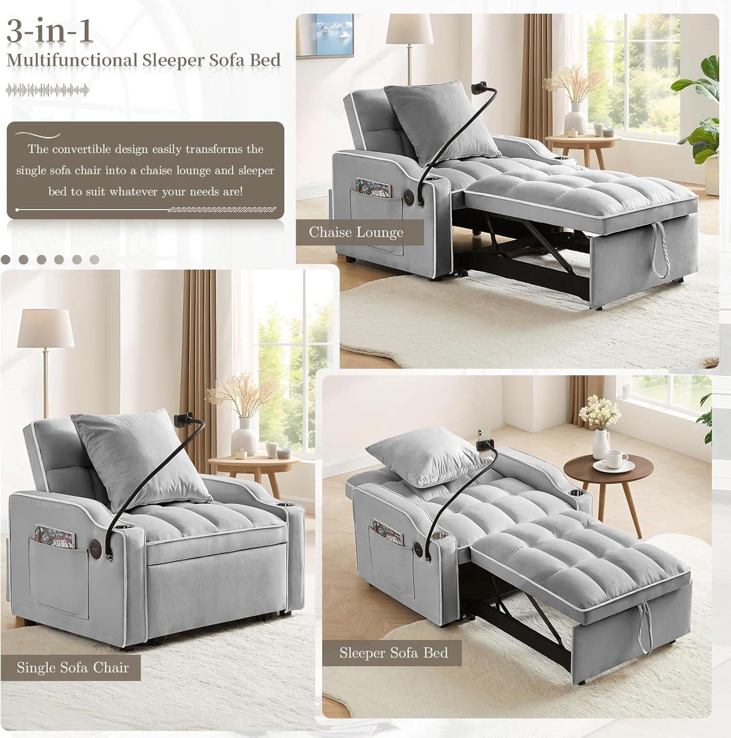 Convertible Sleeper Chair Bed with USB Ports and Holder