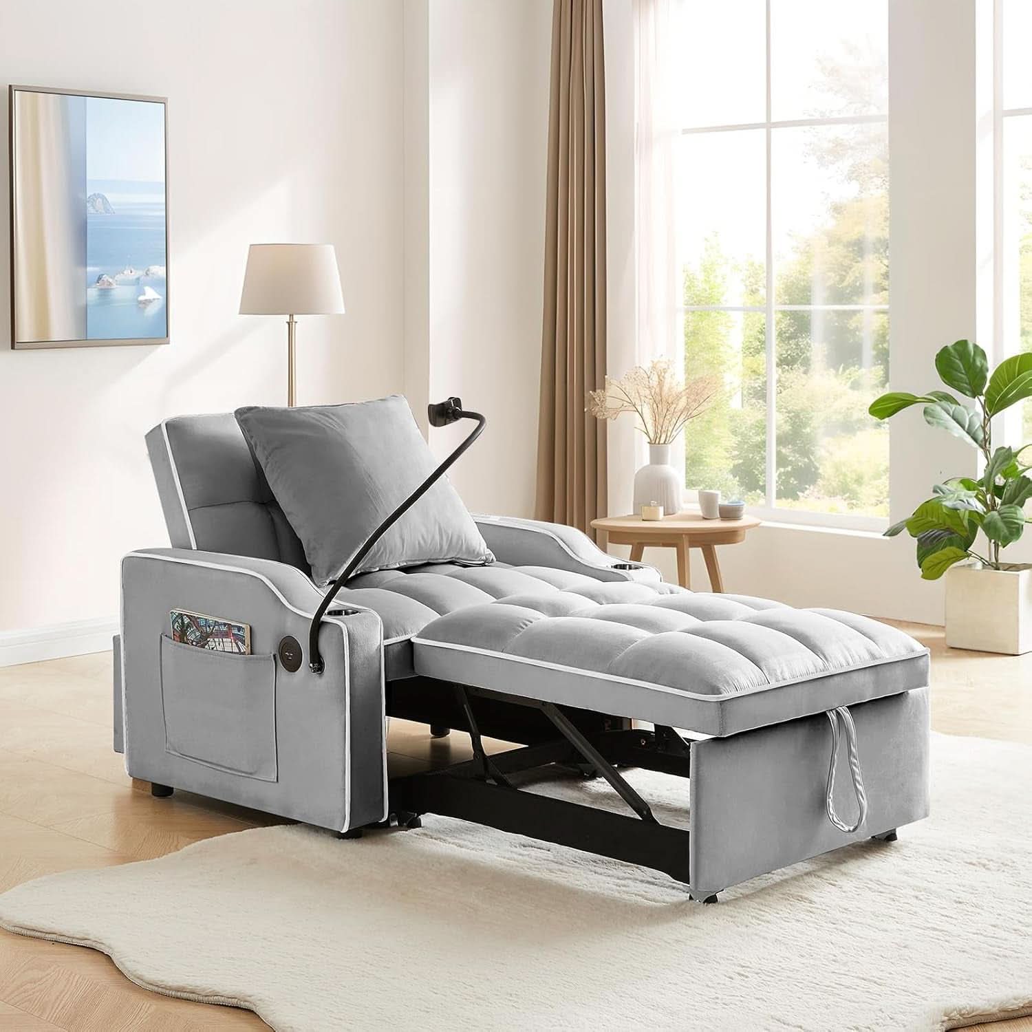 Convertible Sleeper Chair Bed with USB Ports and Holder