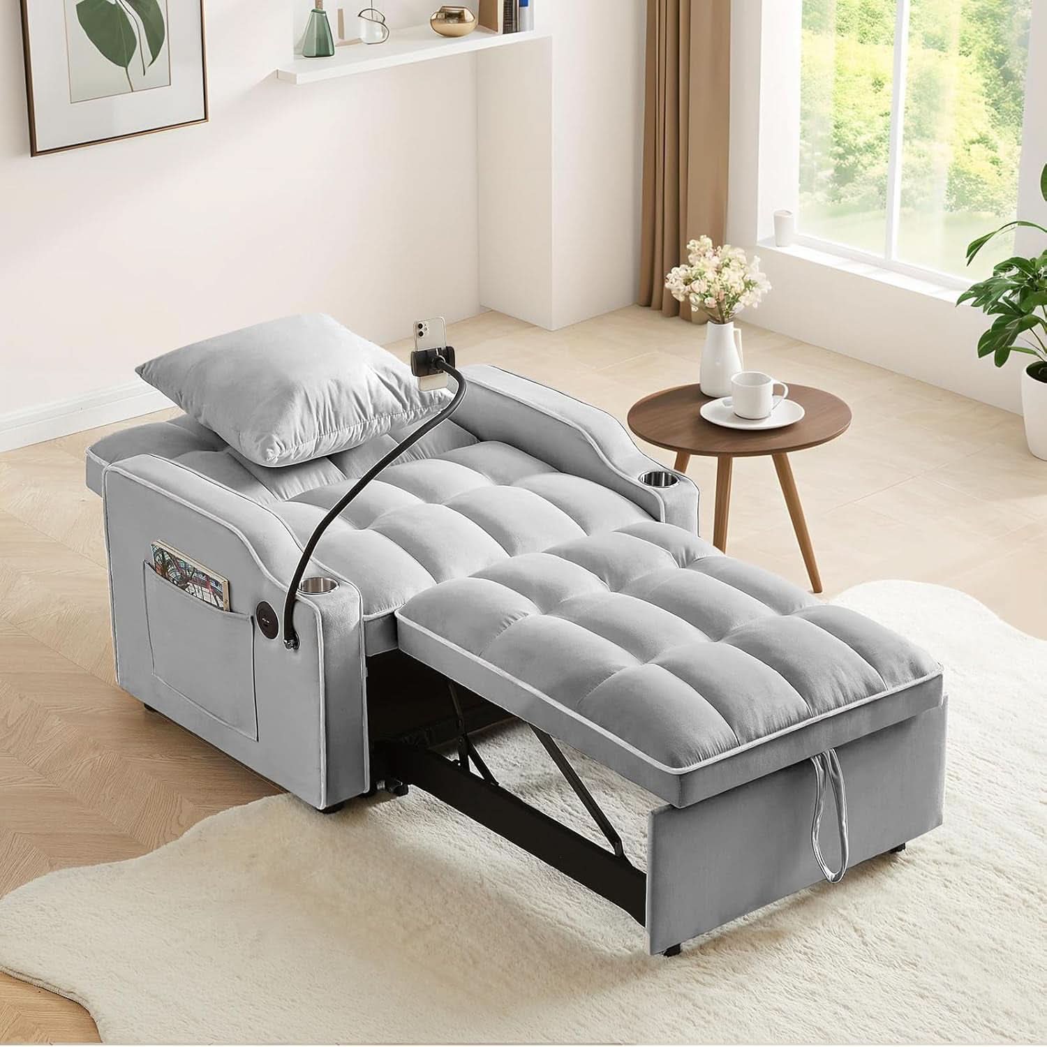 Convertible Sleeper Chair Bed with USB Ports and Holder