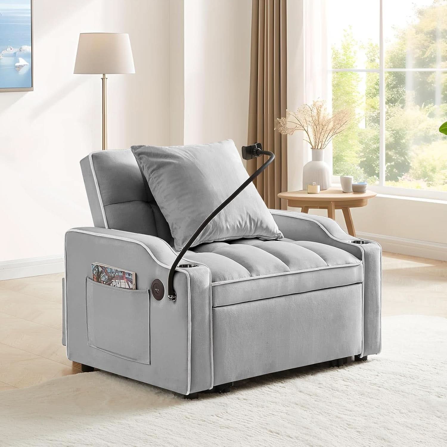 Convertible Sleeper Chair Bed with USB Ports and Holder