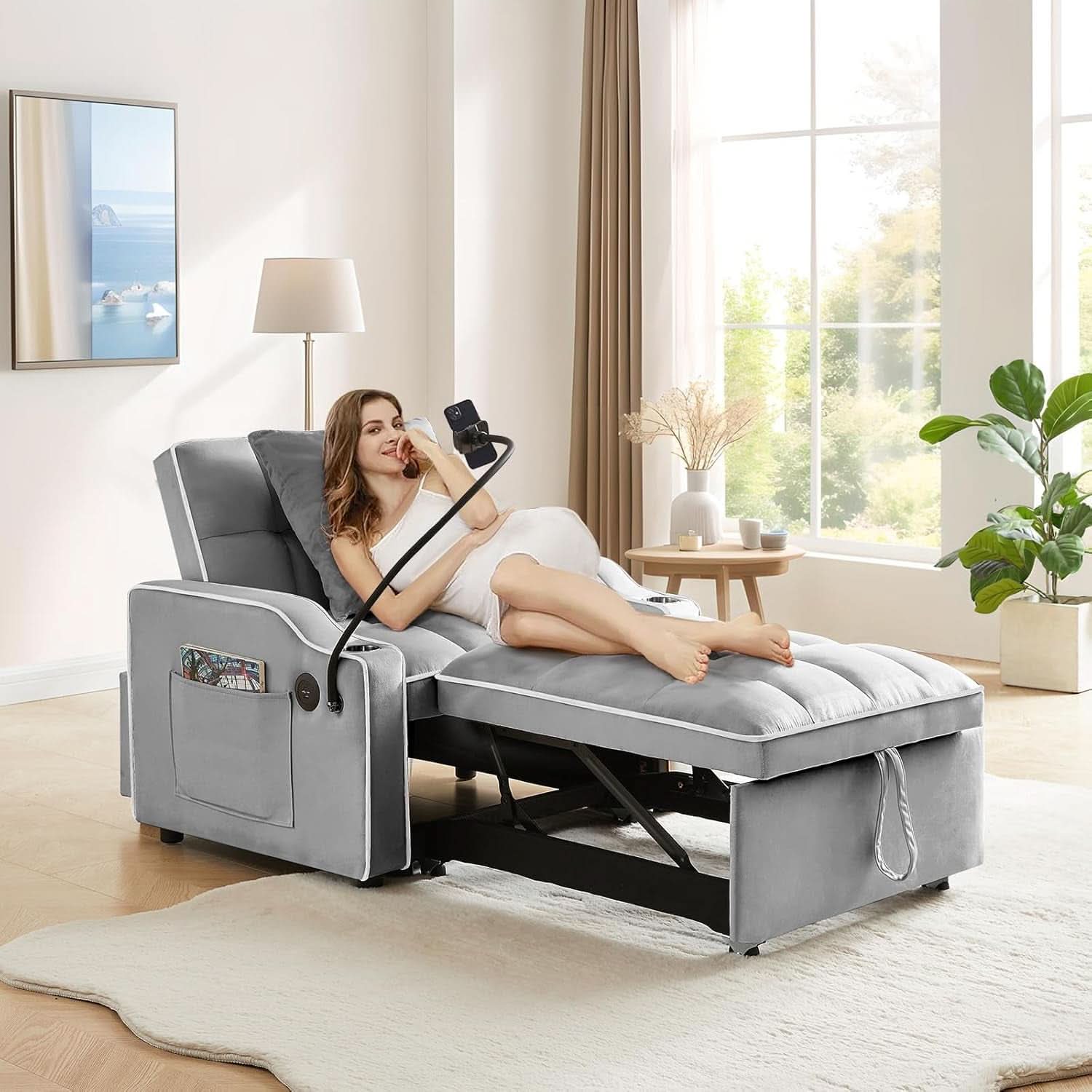 Convertible Sleeper Chair Bed with USB Ports and Holder