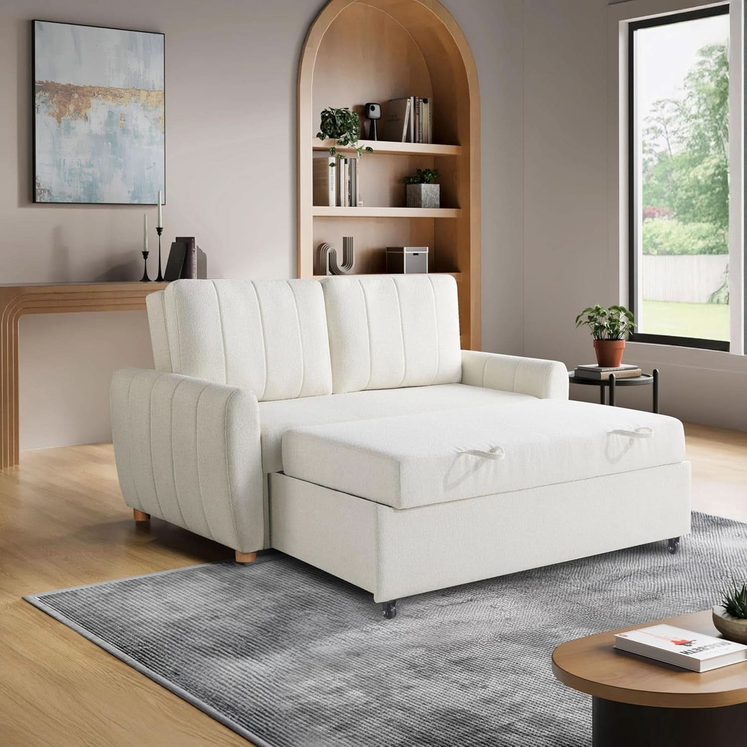 Convertible Sleeper Loveseat 66 Inch Polyester Ivory