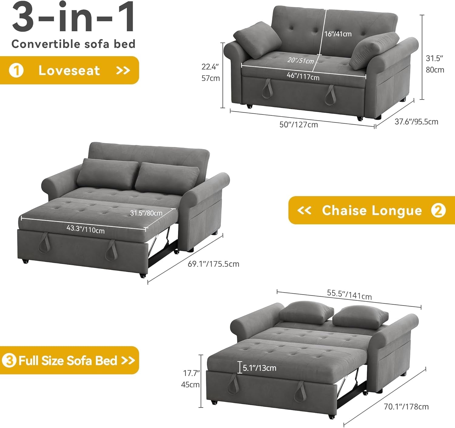 Convertible Sleeper Sofa Bed with Adjustable Backrest and Pillows