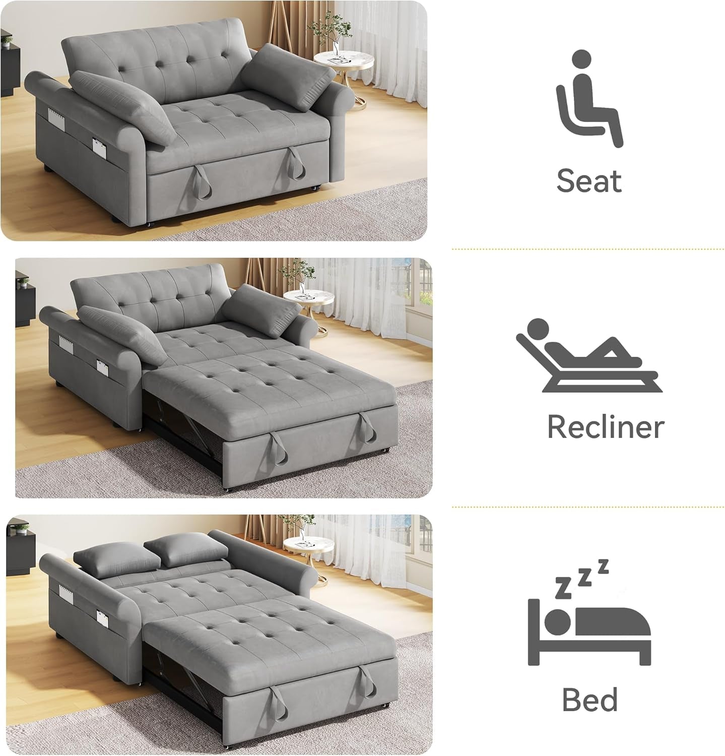 Convertible Sleeper Sofa Bed with Adjustable Backrest and Pillows