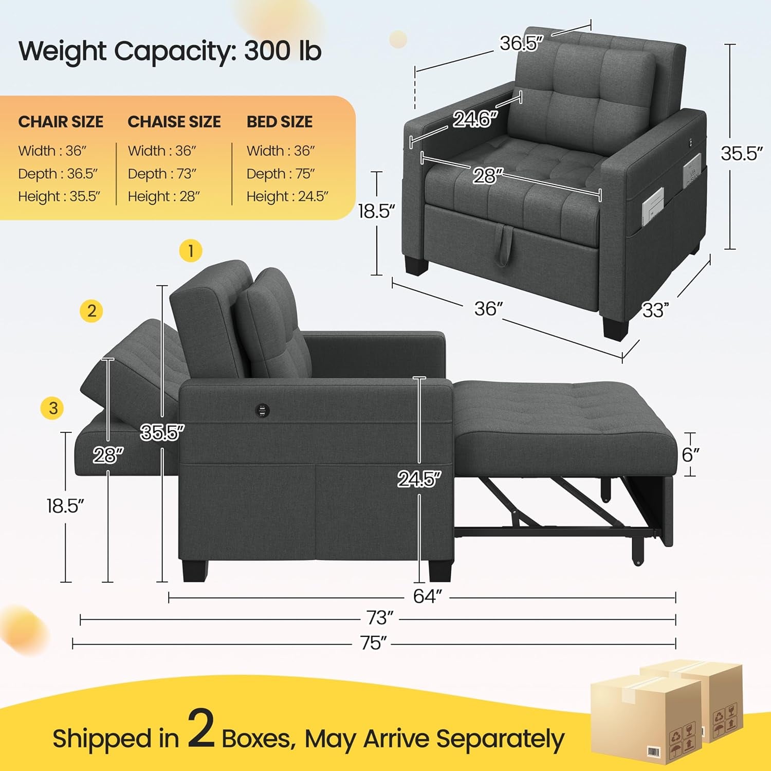 Convertible Sleeper Sofa Bed with USB Charging Ports