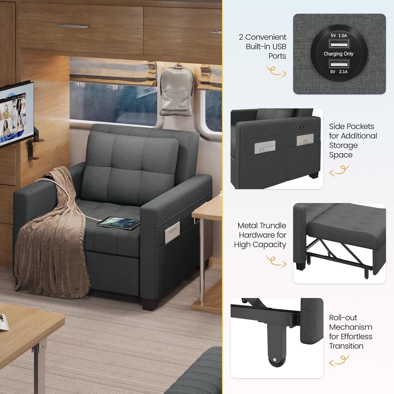 Convertible Sleeper Sofa Bed with USB Charging Ports