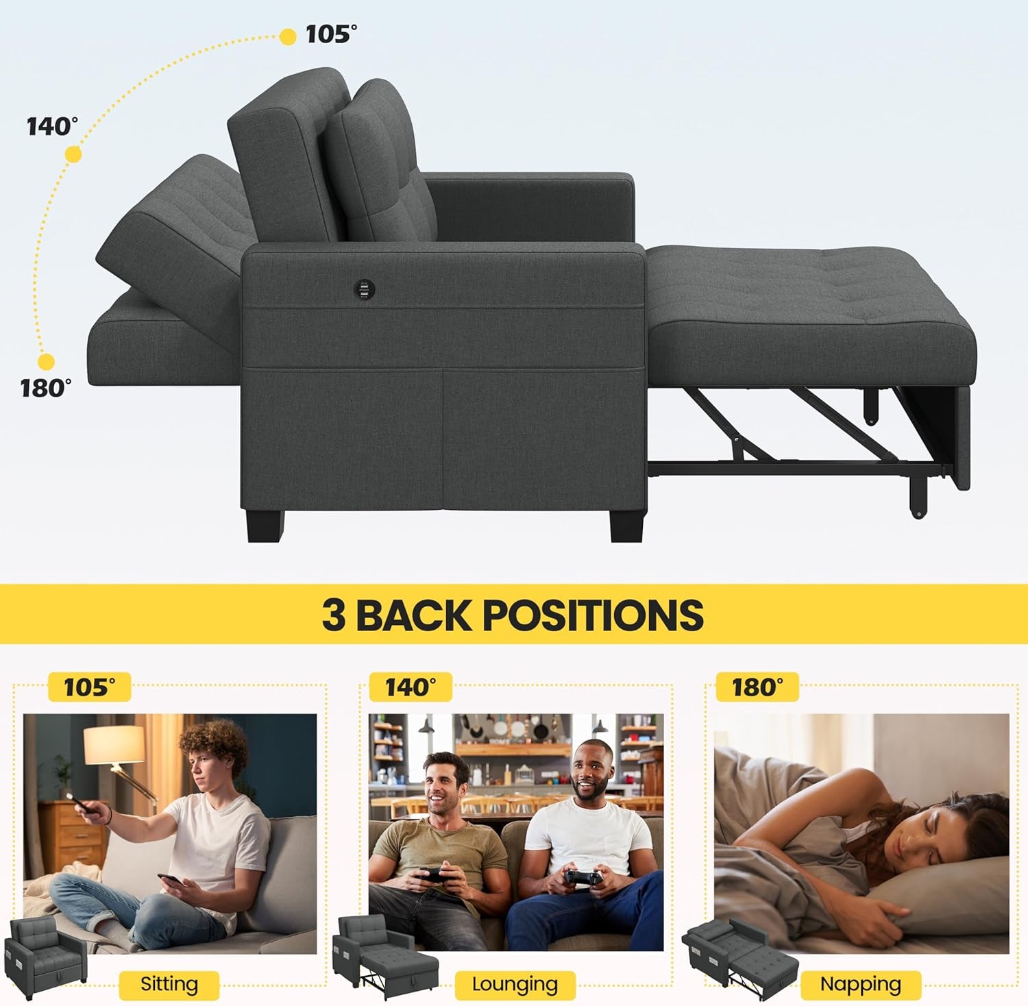 Convertible Sleeper Sofa Bed with USB Charging Ports