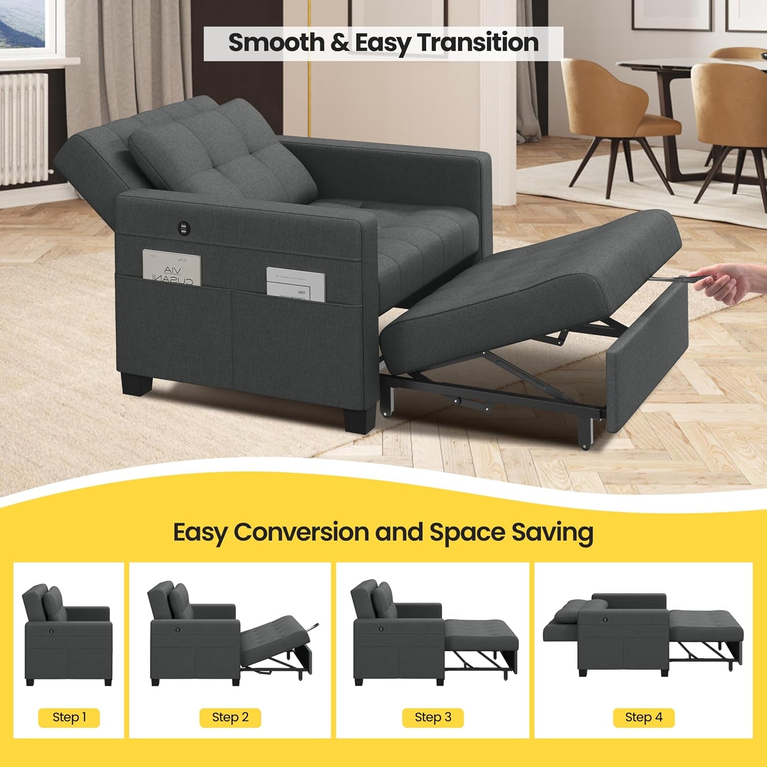 Convertible Sleeper Sofa Bed with USB Charging Ports