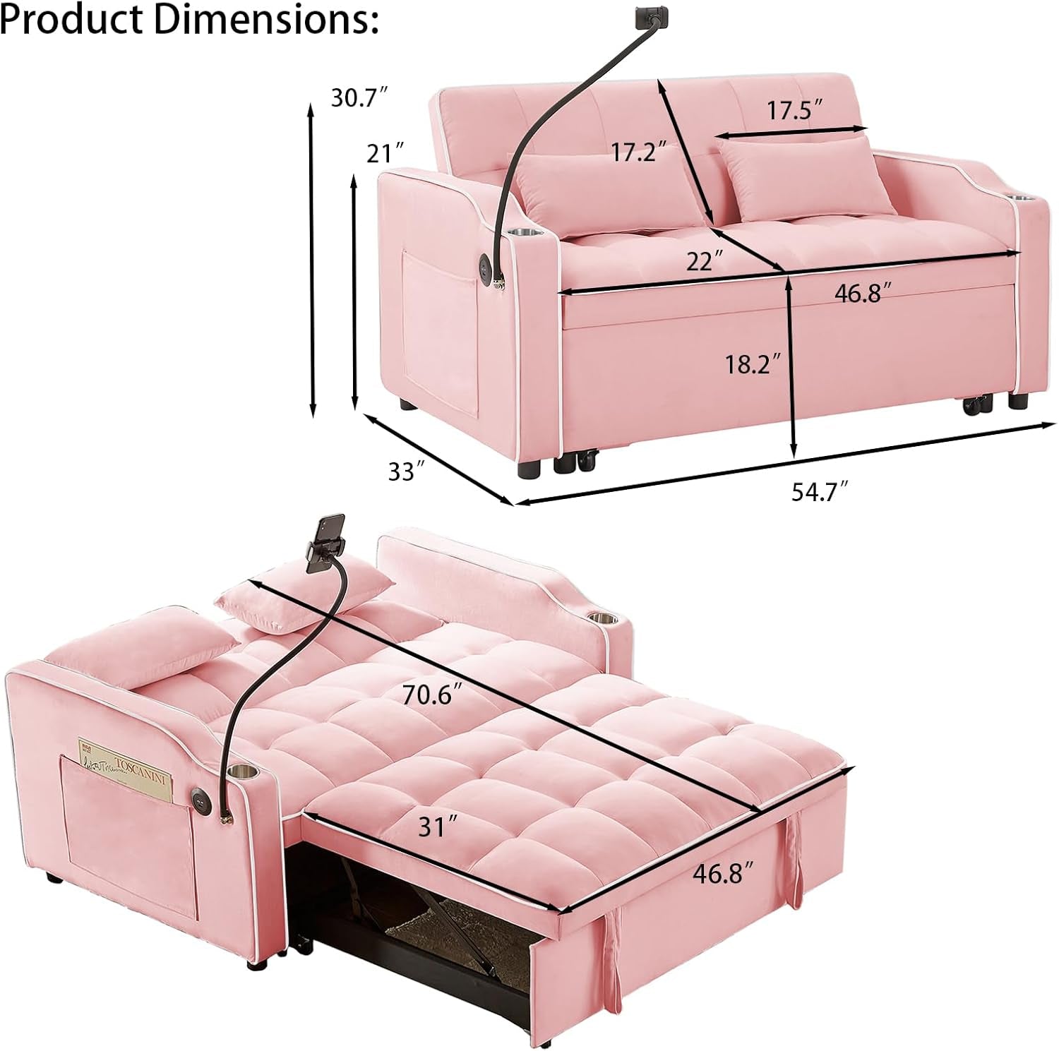Convertible Sleeper Sofa Bed with USB Ports and Cup Holder