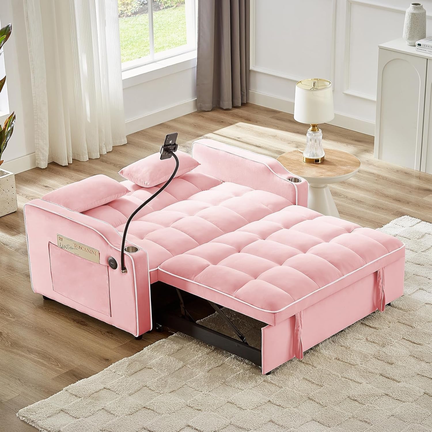 Convertible Sleeper Sofa Bed with USB Ports and Cup Holder