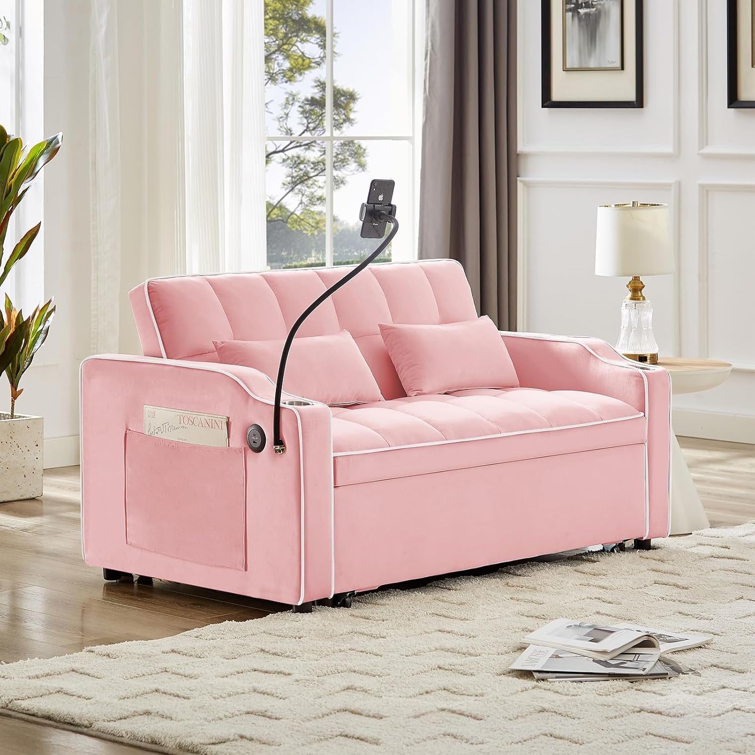 Convertible Sleeper Sofa Bed with USB Ports and Cup Holder