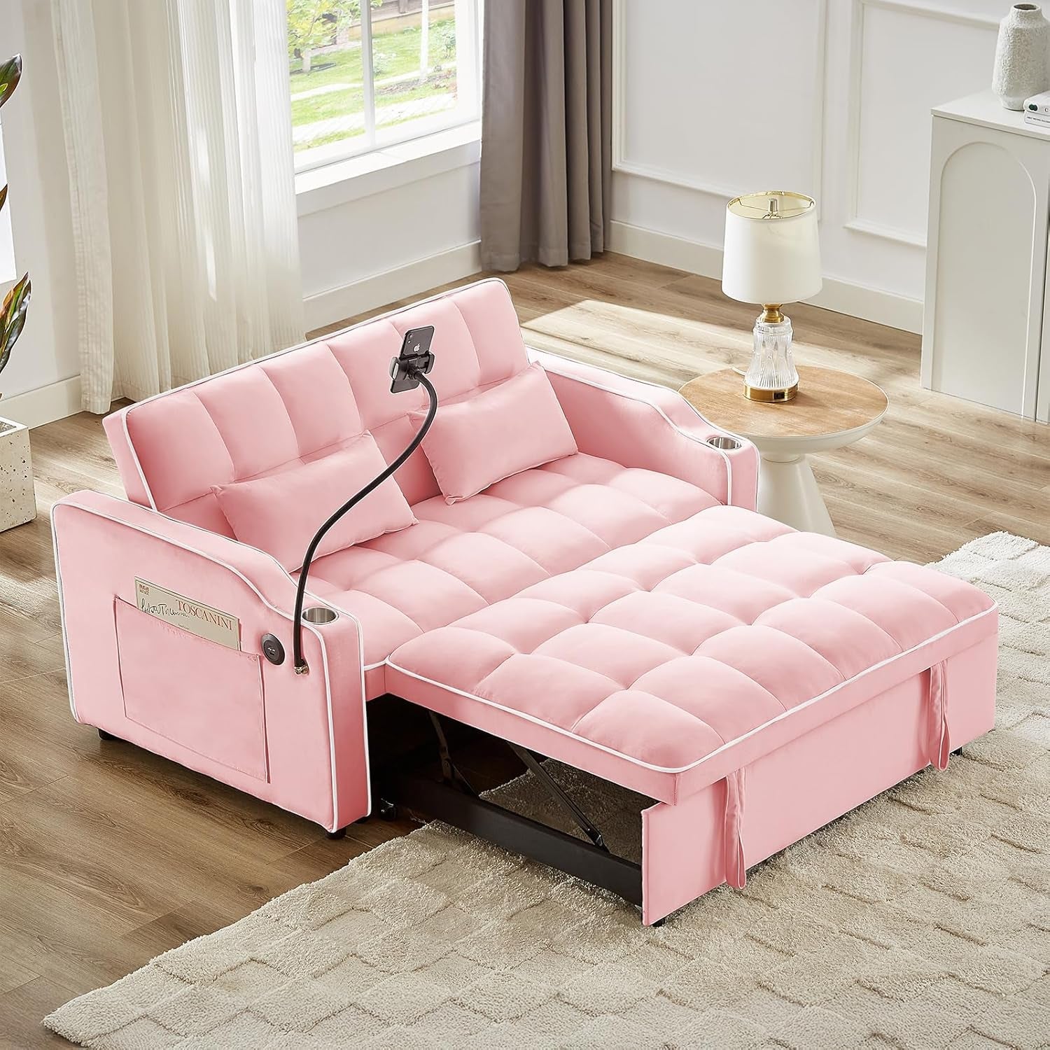 Convertible Sleeper Sofa Bed with USB Ports and Cup Holder