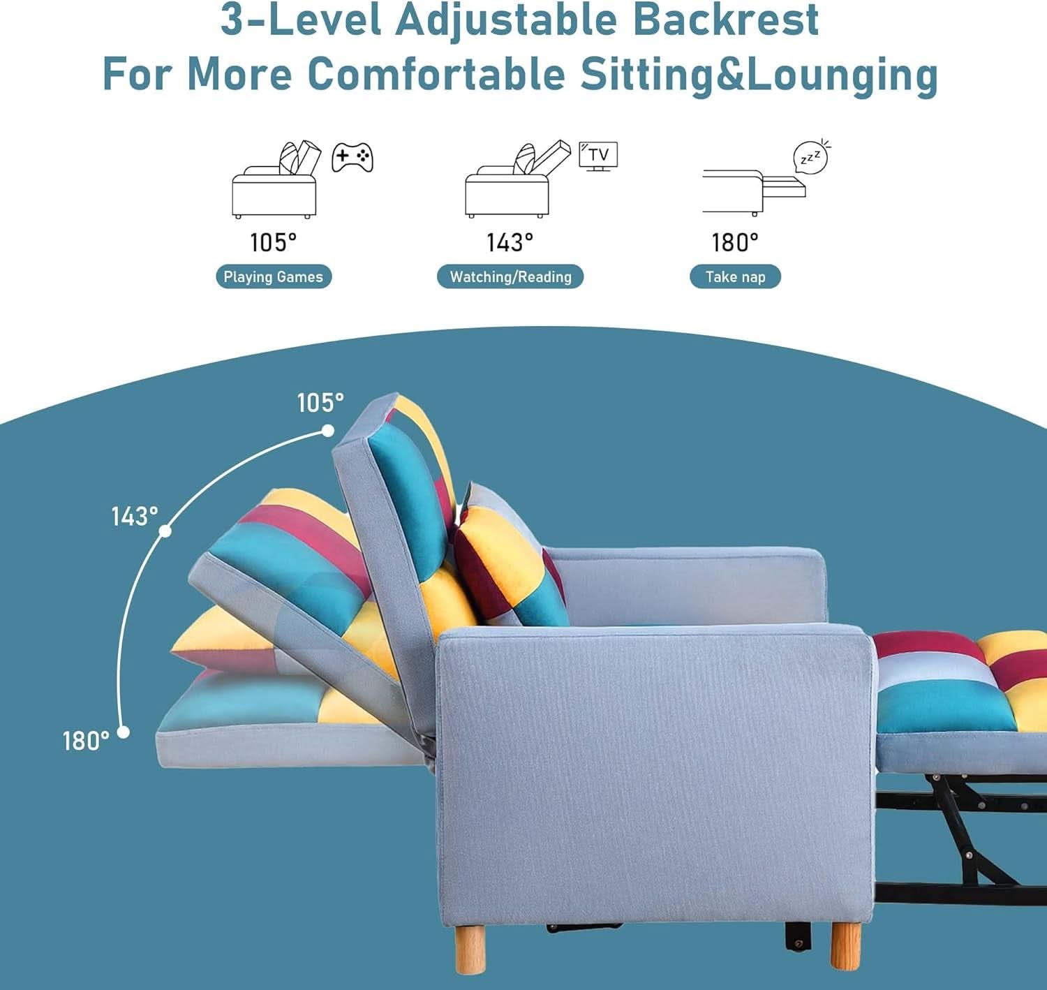 Convertible Sleeper Sofa Chair Rainbow 3In1 Compact