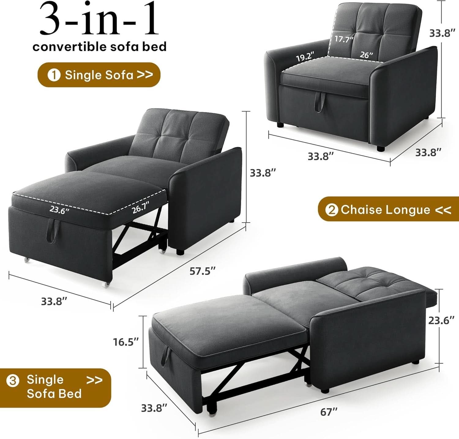 Convertible Sofa Bed Chair Gray Velvet Upholstered