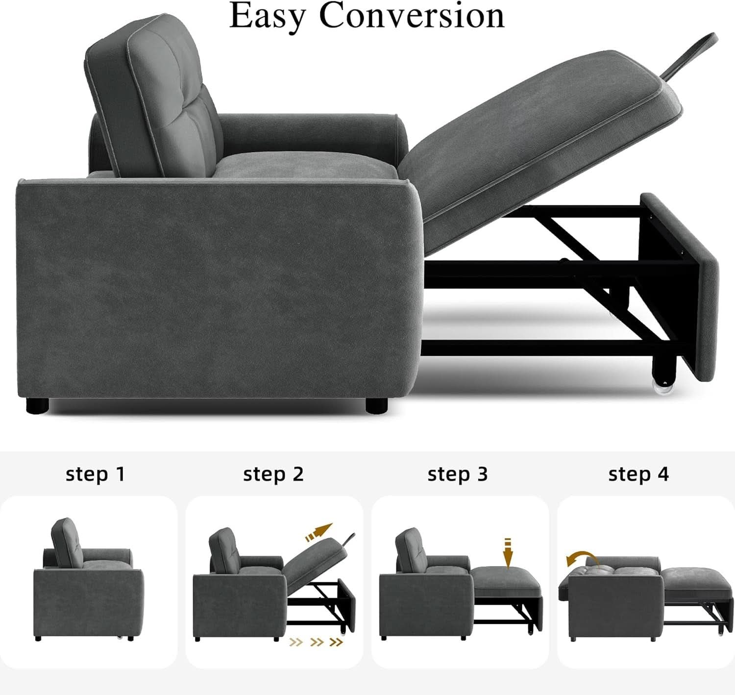 Convertible Sofa Bed Chair Gray Velvet Upholstered