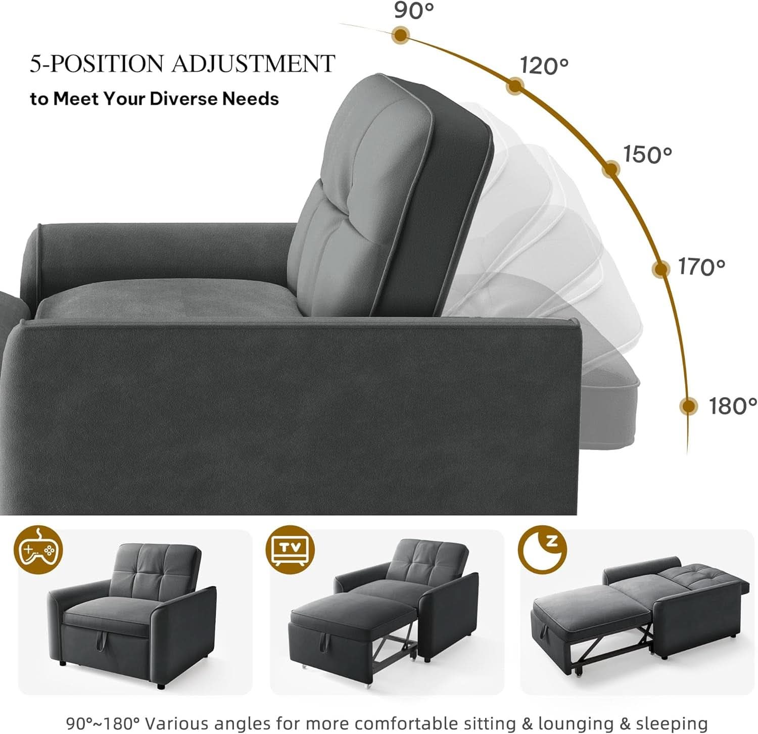 Convertible Sofa Bed Chair Gray Velvet Upholstered