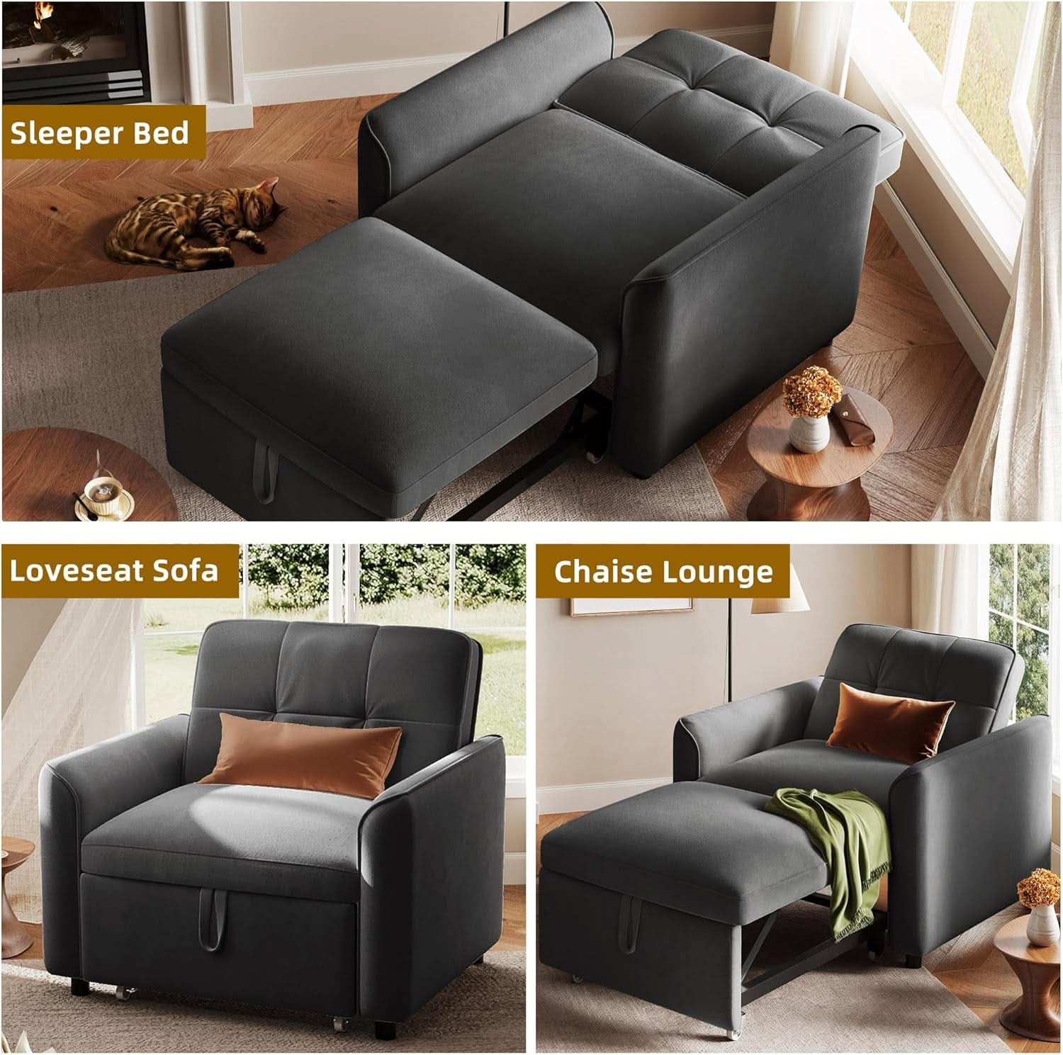 Convertible Sofa Bed Chair Gray Velvet Upholstered